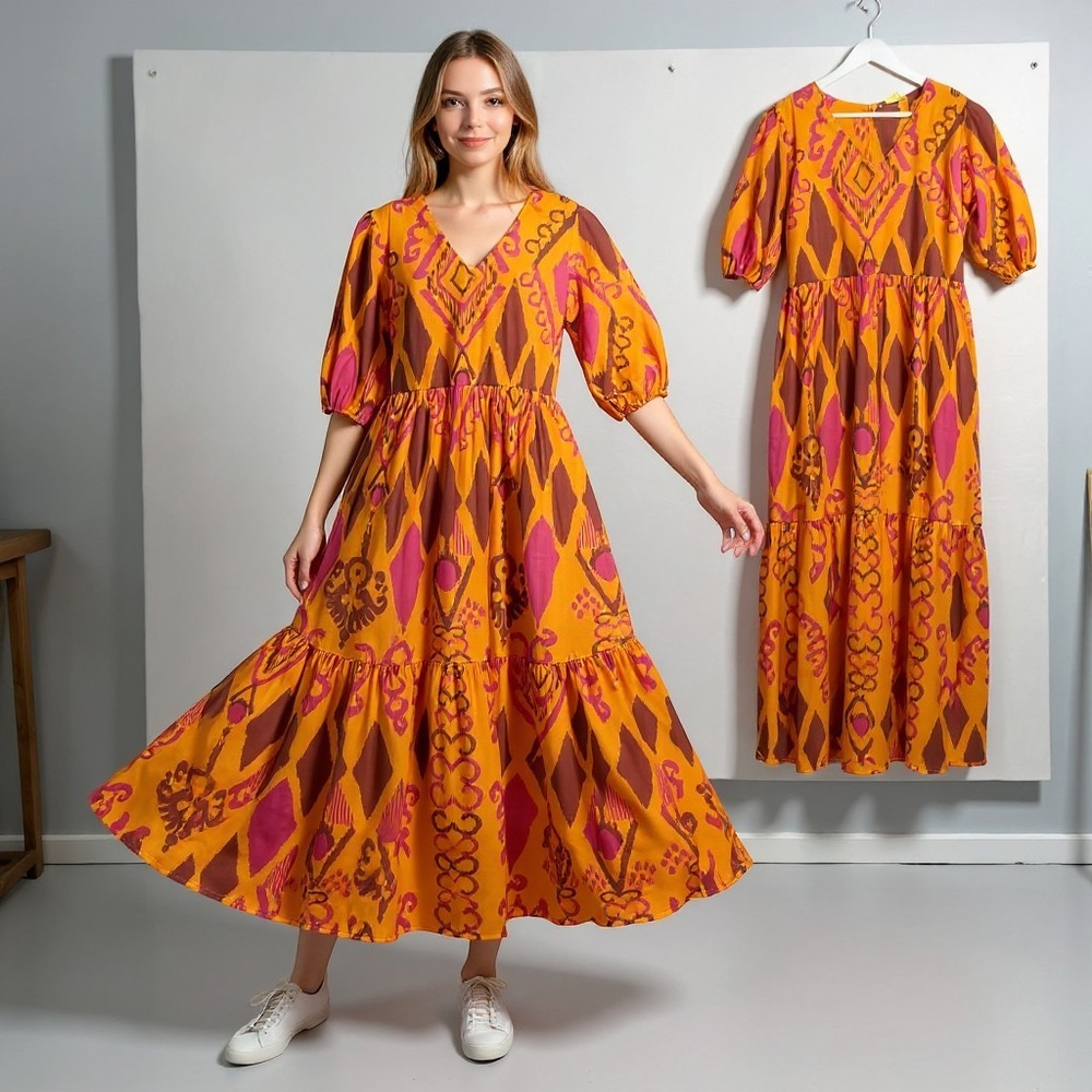 Anthropologie Inspired Cotton Ikat Maxi Dress Boho Resort Maximist Tribal Island